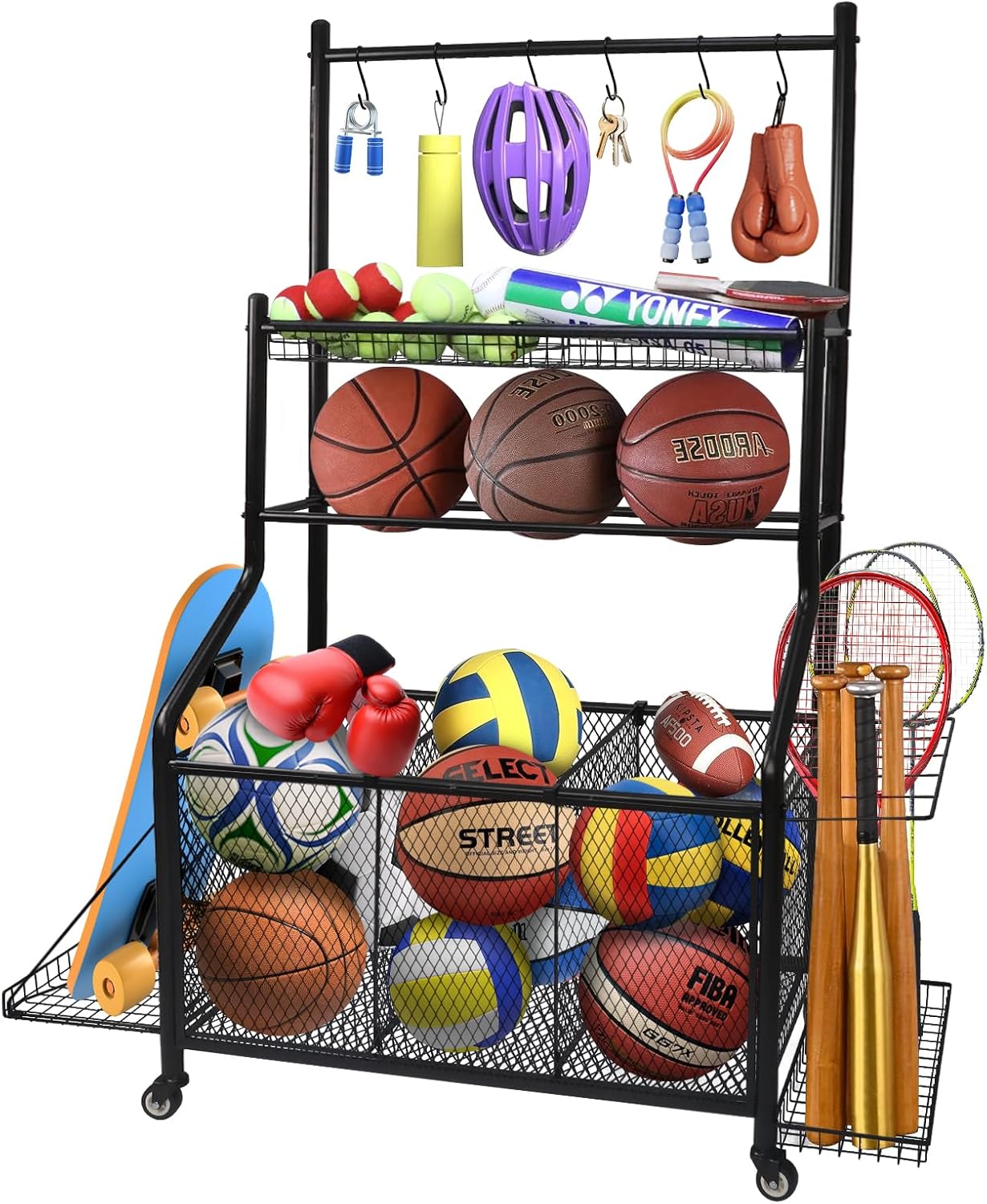 Sports Equipment Bat - Sports Equipment Organizer,Large Heavy-Duty Steel Rolling